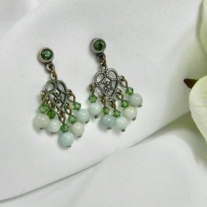Green Crystal and Silver Dangling Earrings